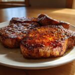 Four juicy, thick-cut air fryer pork chops resting on a white plate, featuring a dark, caramelized spice crust.