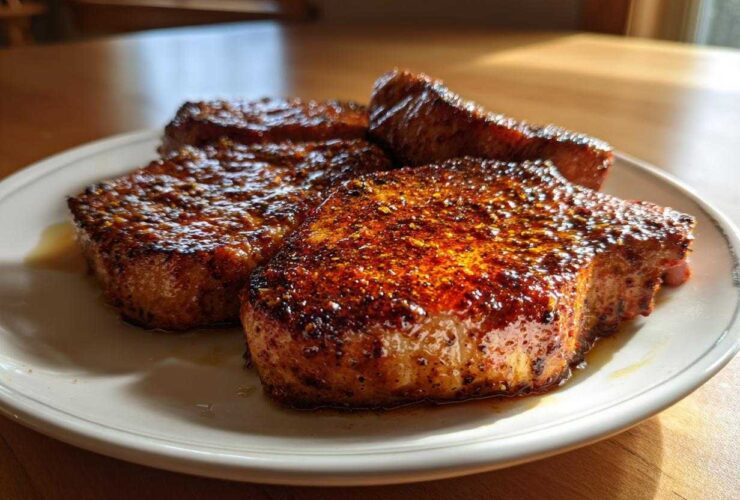 Four juicy, thick-cut air fryer pork chops resting on a white plate, featuring a dark, caramelized spice crust.