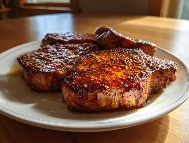 Four juicy, thick-cut air fryer pork chops resting on a white plate, featuring a dark, caramelized spice crust.