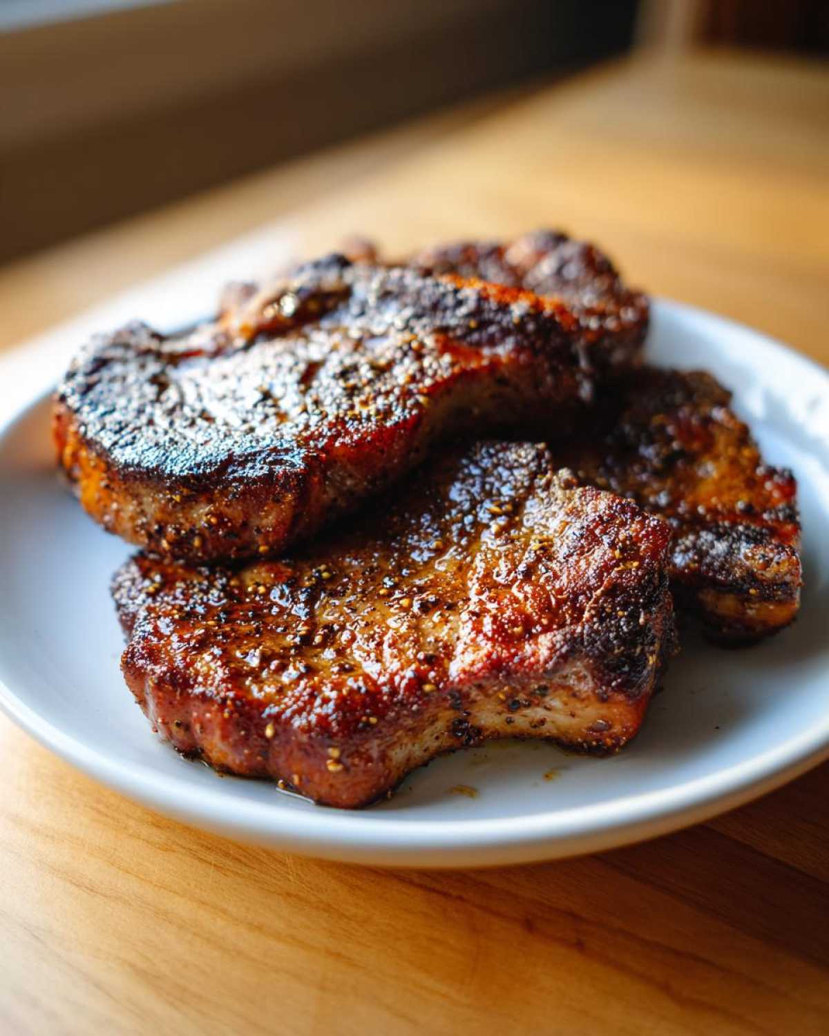 Three beautifully seared air fryer pork chops seasoned with a visible spice rub, resting on a white plate.