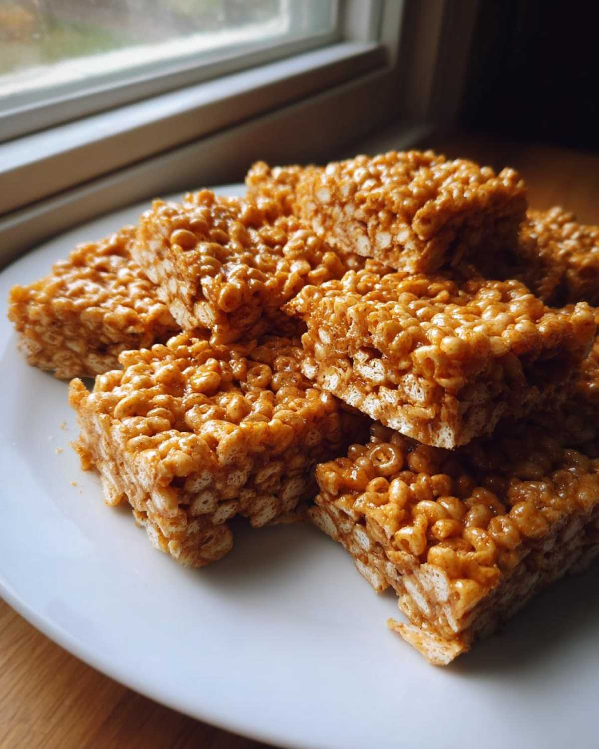 A stack of golden brown, chewy cheerio bars cut into squares, resting on a white plate near a window.
