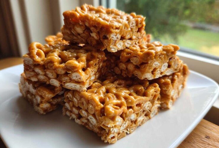A stack of gooey, peanut butter-colored cheerio bars piled on a white plate.