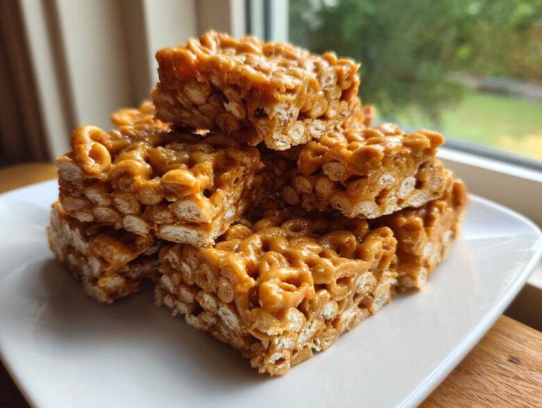 A stack of gooey, peanut butter-colored cheerio bars piled on a white plate.