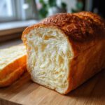 Close-up of a freshly baked, soft loaf of bread sliced open on a wooden board, showing its fluffy interior.