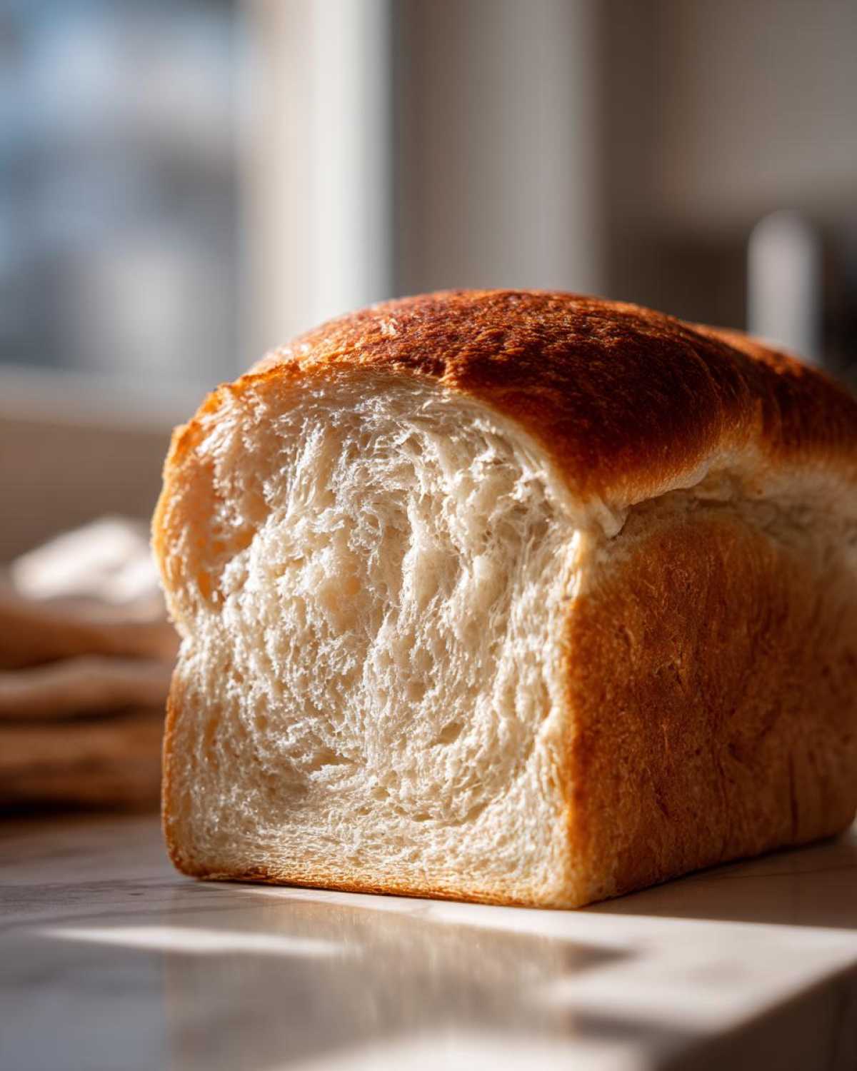 Close-up view of a freshly baked loaf of soft bread, showing the fluffy white interior and golden-brown crust.