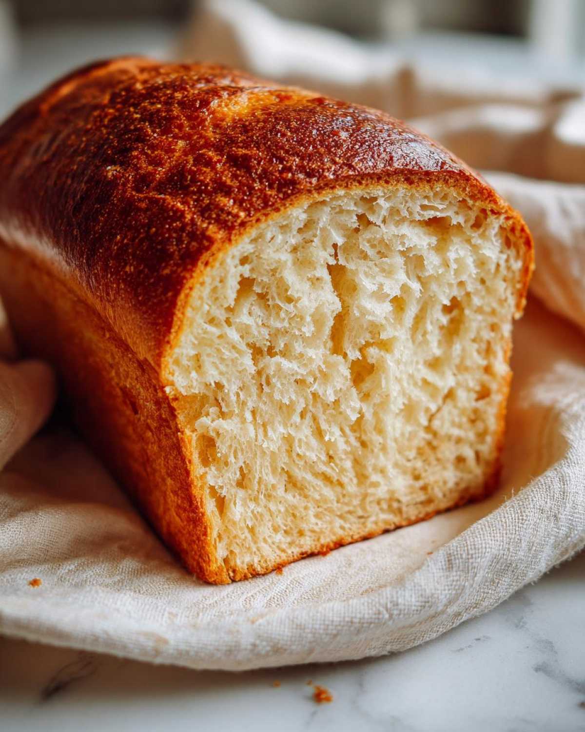 Close-up of a freshly baked, soft loaf of bread showing its fluffy interior and golden-brown crust.