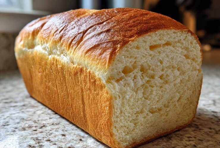 A freshly baked loaf of soft bread with a golden-brown crust, showing a tender, white crumb texture.