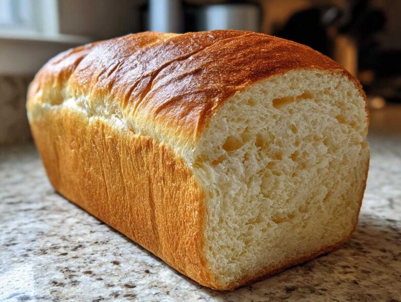 A freshly baked loaf of soft bread with a golden-brown crust, showing a tender, white crumb texture.