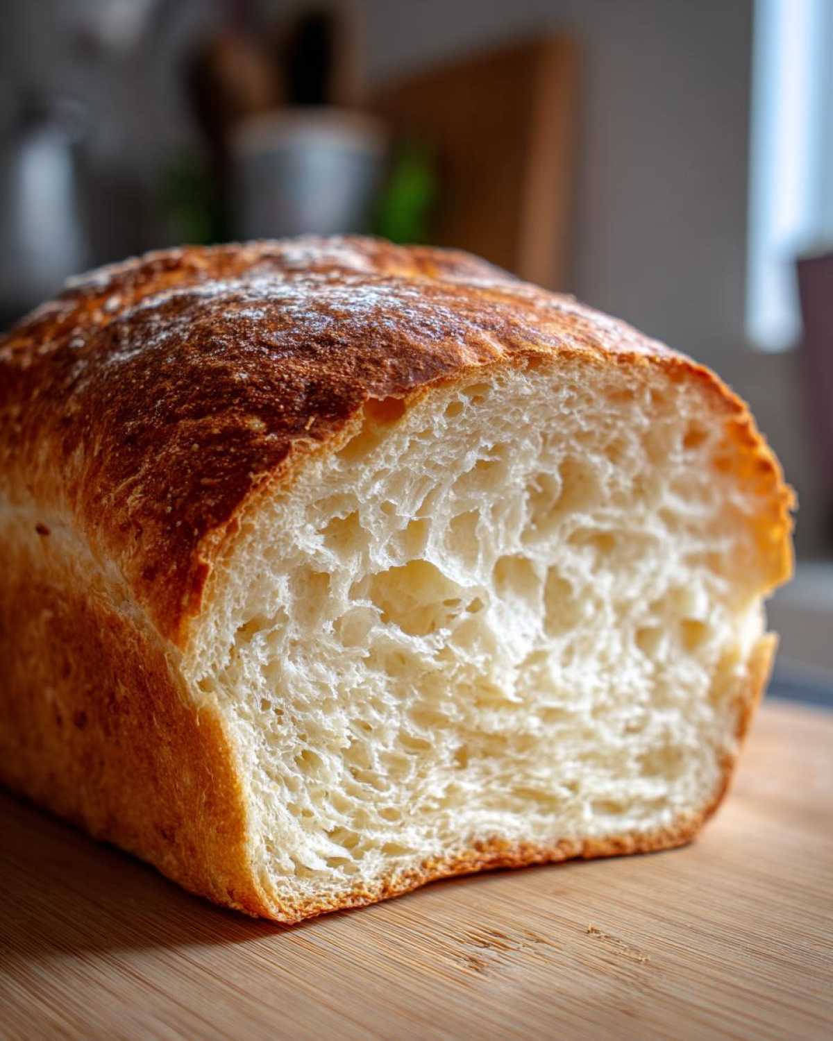 Close-up of a freshly baked loaf of bread, showing the soft, airy white crumb and golden crust.