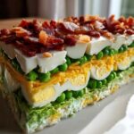 A tall, perfectly sliced portion of amazing 7 layer salad showing distinct layers of lettuce, peas, egg, cheese, and bacon topping.