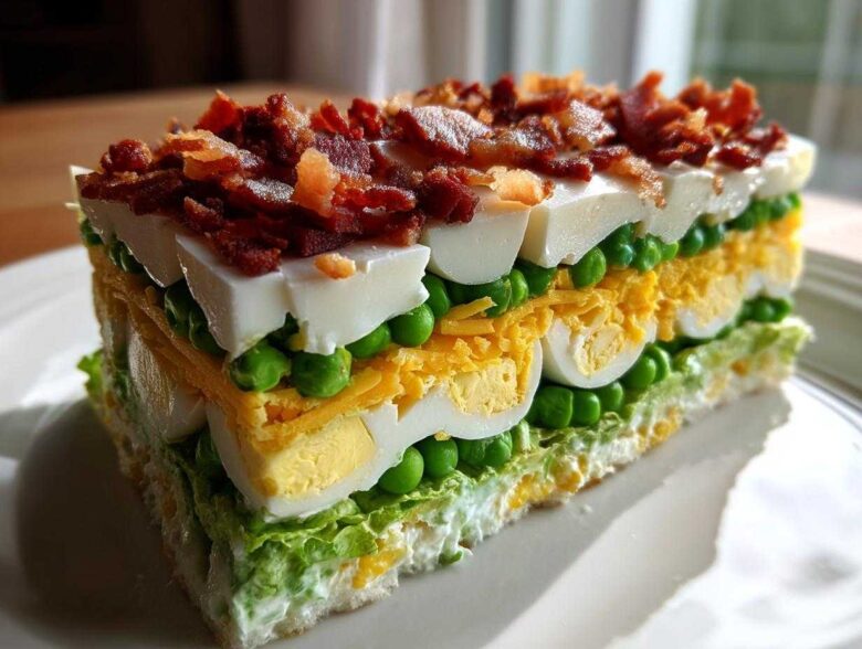 A tall, perfectly sliced portion of amazing 7 layer salad showing distinct layers of lettuce, peas, egg, cheese, and bacon topping.