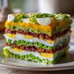 Close-up of a perfectly layered slice of amazing 7 layer salad showing eggs, bacon, peas, and yellow topping.