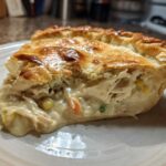 A close-up of a generous slice of chicken pot pie recipe showing creamy filling, shredded chicken, corn, and carrots under a golden, flaky crust.