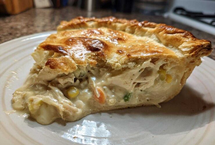 A close-up of a generous slice of chicken pot pie recipe showing creamy filling, shredded chicken, corn, and carrots under a golden, flaky crust.