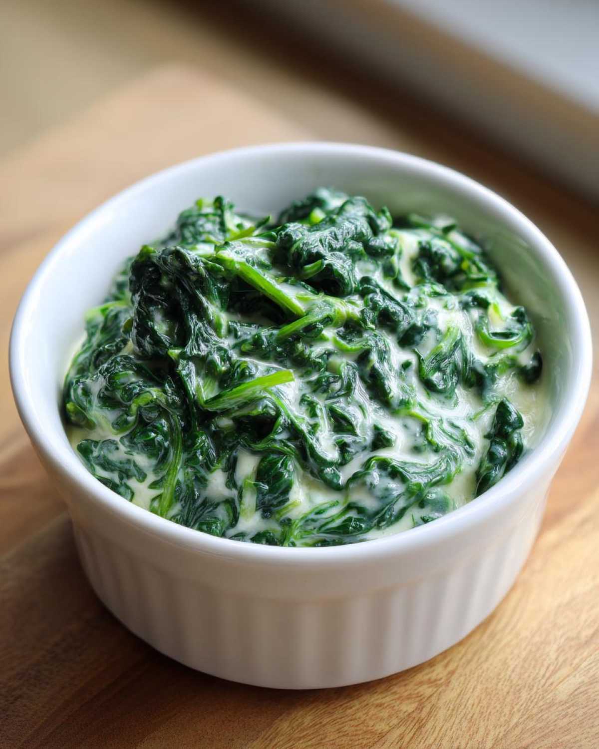 Close-up of rich, vibrant green creamed spinach served in a small white fluted ramekin.
