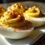 Close-up of creamy, piped deviled eggs sprinkled with paprika, ready to serve.