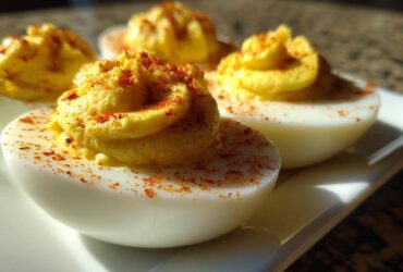 Close-up of creamy, piped deviled eggs sprinkled with paprika, ready to serve.