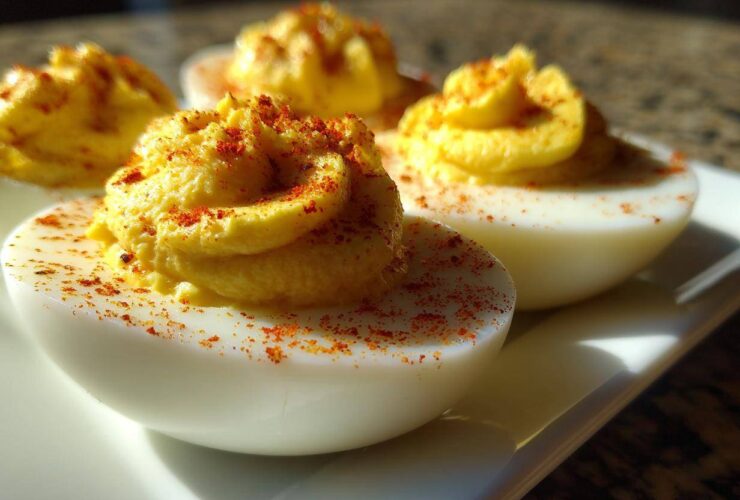 Close-up of creamy, piped deviled eggs sprinkled with paprika, ready to serve.