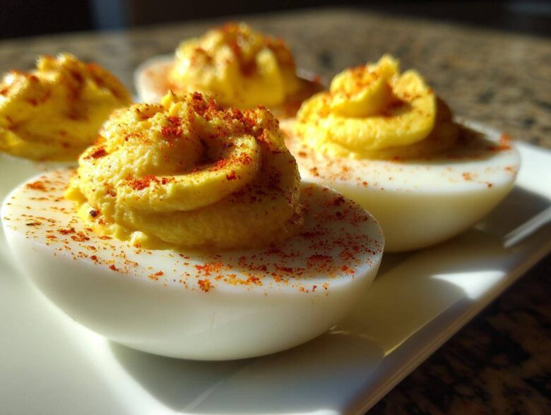 Close-up of creamy, piped deviled eggs sprinkled with paprika, ready to serve.