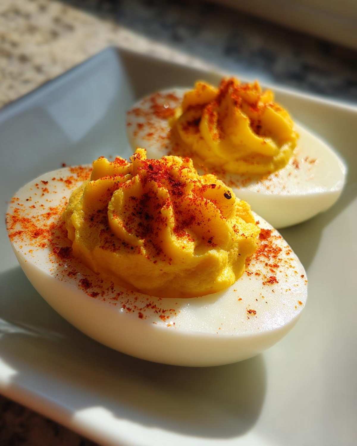 Close-up of two perfectly piped deviled eggs dusted generously with bright red paprika on a white plate.