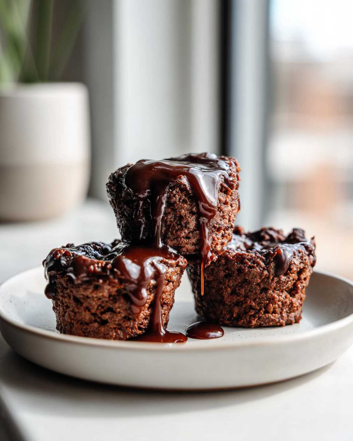 Three stacked mini meatloaf portions generously drizzled with a thick, dark glaze.