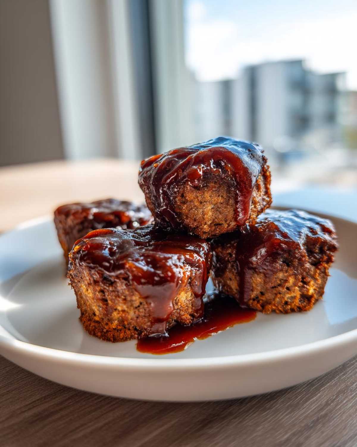 Four juicy mini meatloaf portions stacked and drizzled heavily with dark, glossy barbecue glaze.