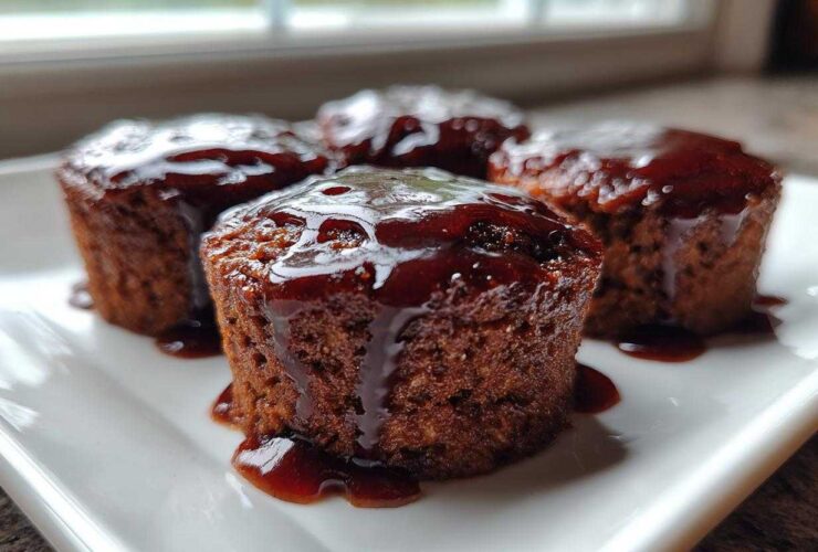 Four individual mini meatloaf portions topped with a thick, dark glaze, served on a white plate.