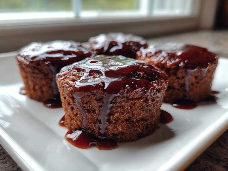 Four individual mini meatloaf portions topped with a thick, dark glaze, served on a white plate.