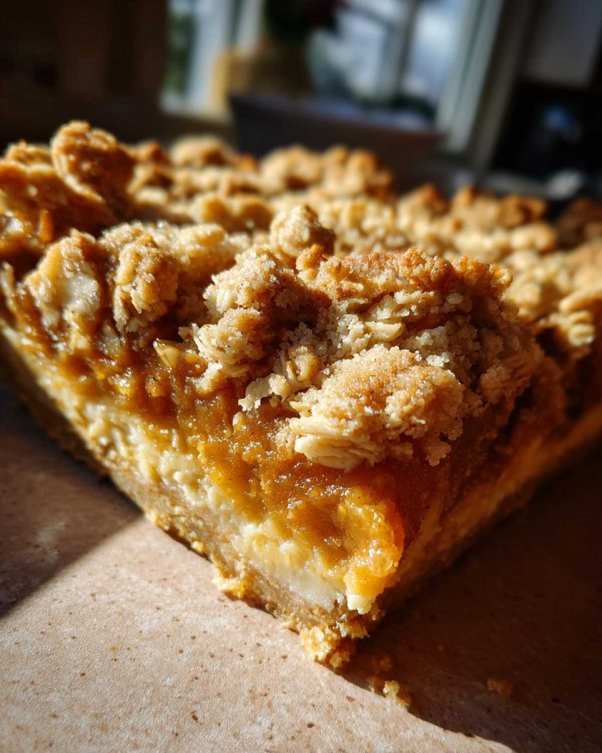 A close-up, side view of a rich, layered pumpkin crisp bar showing the crust, creamy filling, and thick oat crumble topping.
