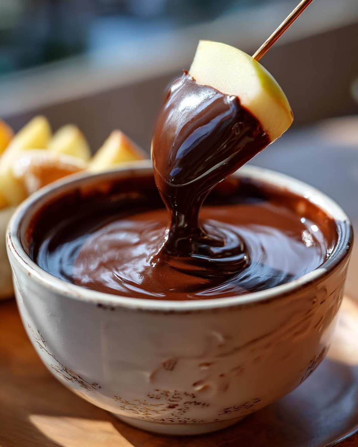 Close-up of an apple slice being dipped into a bowl of smooth, melted chocolate fondue.