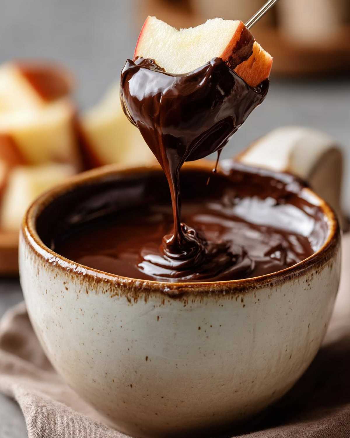 Close-up of an apple slice being dipped into a bowl of glossy, melted chocolate fondue.