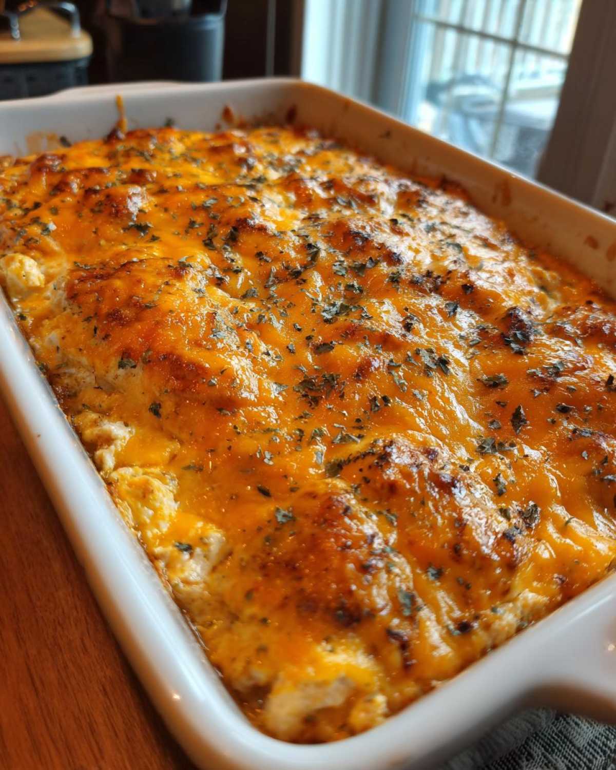 Close-up of hot, bubbly cottage cheese buffalo chicken dip topped with melted cheddar and herbs.