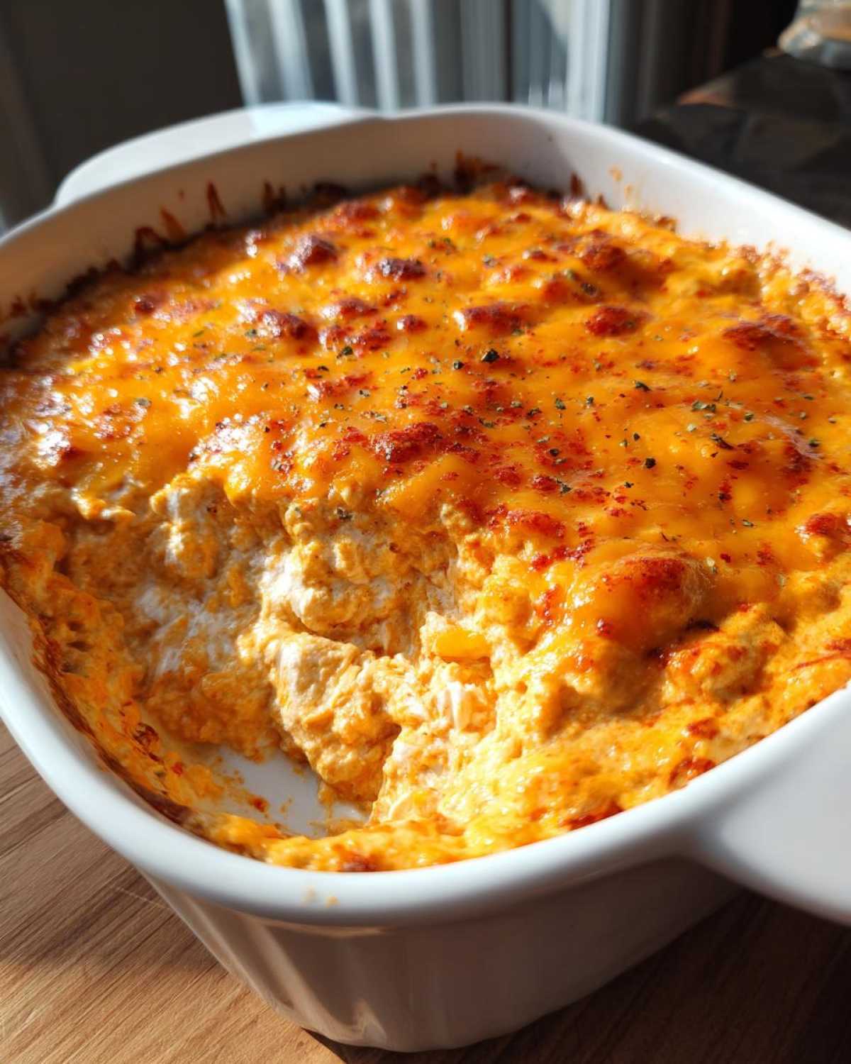 A close-up of hot, baked cottage cheese buffalo chicken dip with a melted, bubbly orange cheese topping in a white baking dish.