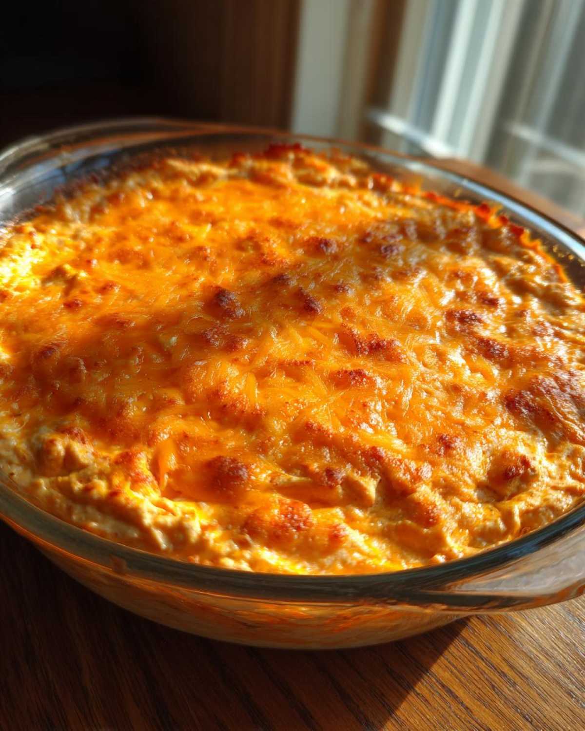 Close-up of baked cottage cheese buffalo chicken dip topped with bubbly, melted orange cheddar cheese.