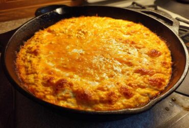 Hot, bubbly cottage cheese buffalo chicken dip topped with melted orange cheese in a black cast iron skillet.