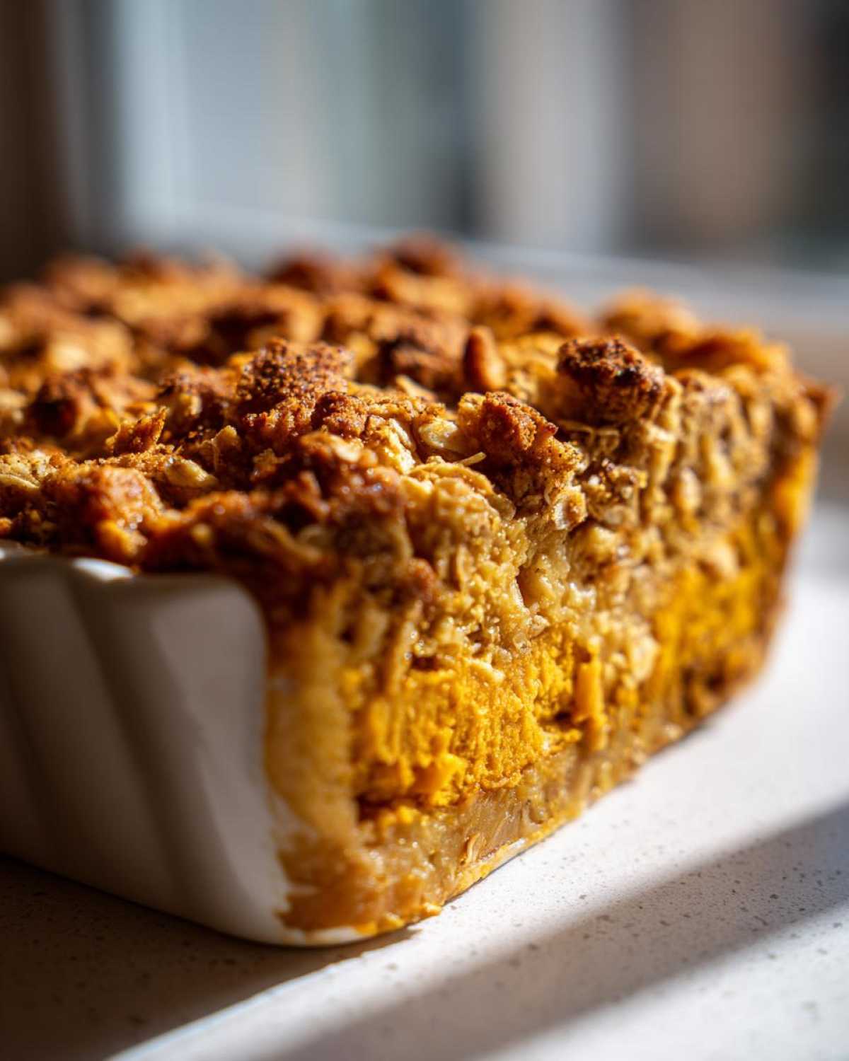 A close-up, low-angle shot of a freshly baked pumpkin crisp with a golden, crumbly oat topping in a white baking dish.