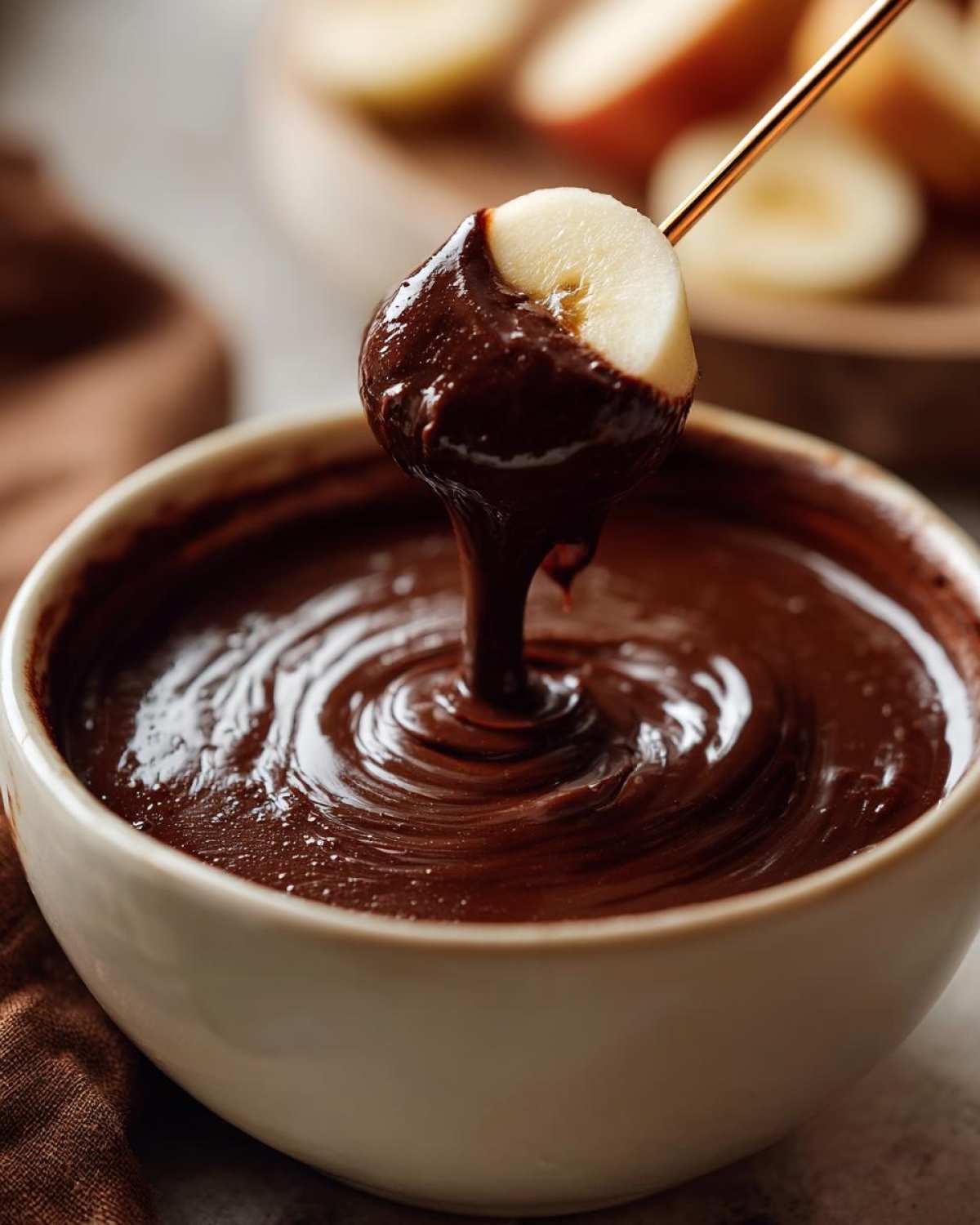 A slice of banana on a skewer being dipped into a bowl of smooth, rich chocolate fondue.