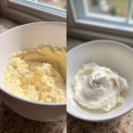 Split image showing two bowls: one with a pale yellow batter mixture and one with fluffy white frosting, illustrating different ies components.