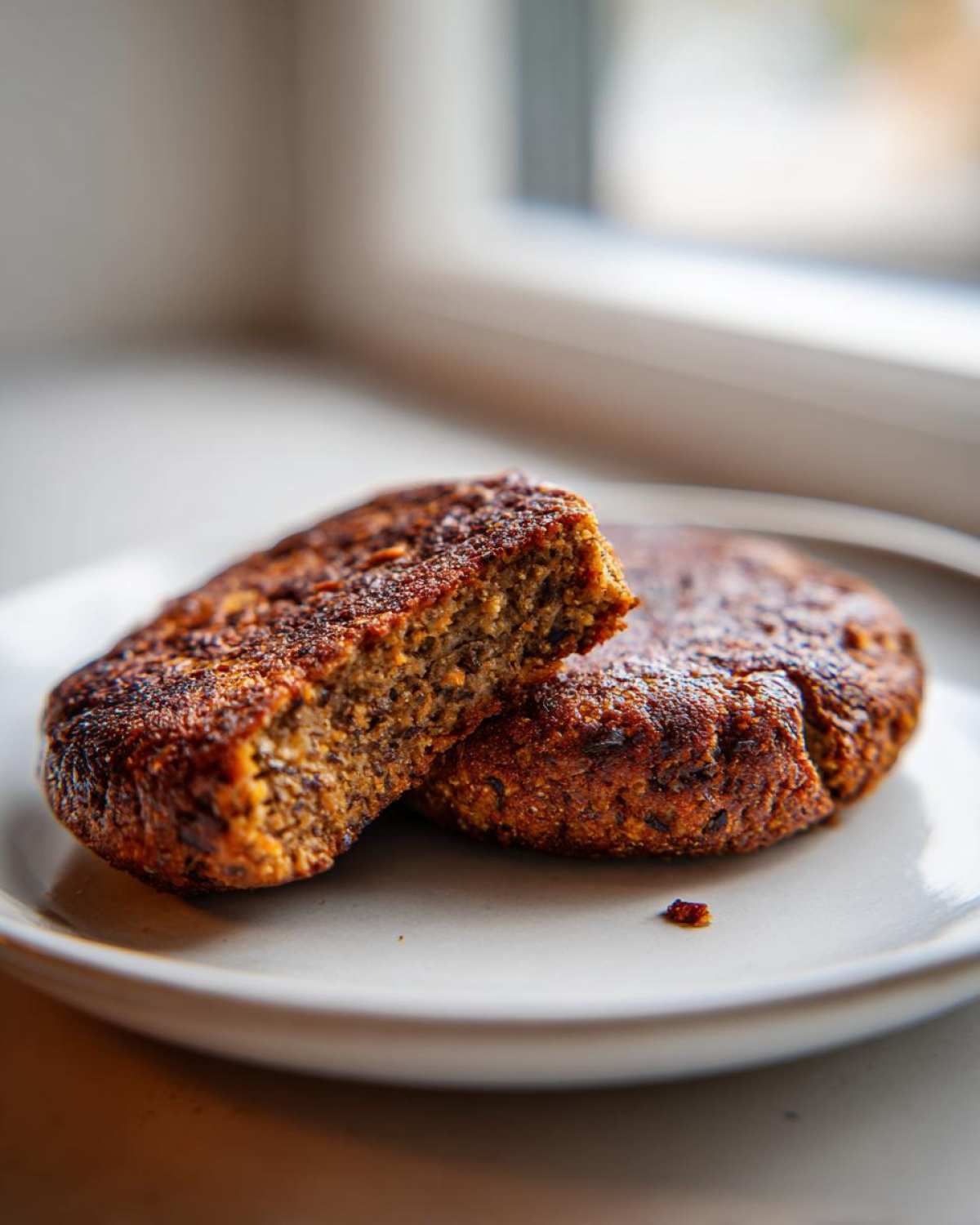 Two perfectly seared black bean burger patties on a plate, one cut open to show the moist interior texture.