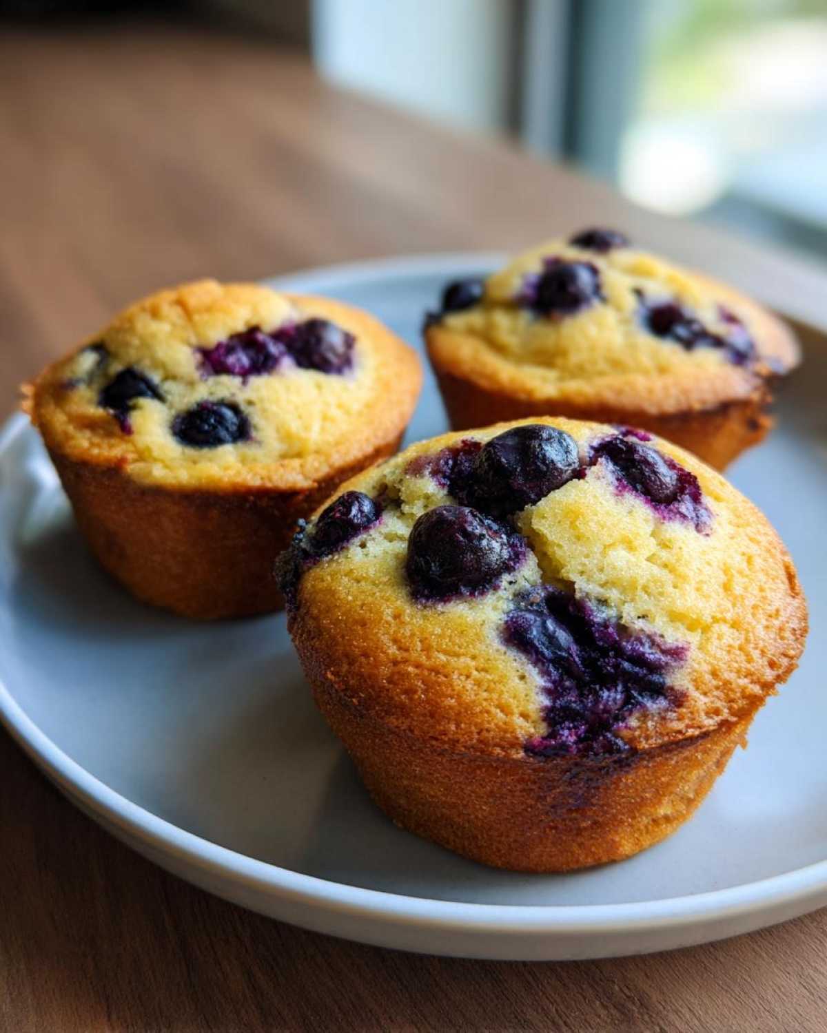 Three golden-brown blueberry cottage cheese muffins with burst blueberries sitting on a light gray plate.