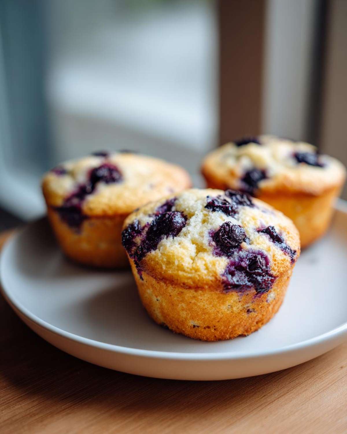 Three freshly baked blueberry cottage cheese muffins sitting on a light gray plate.