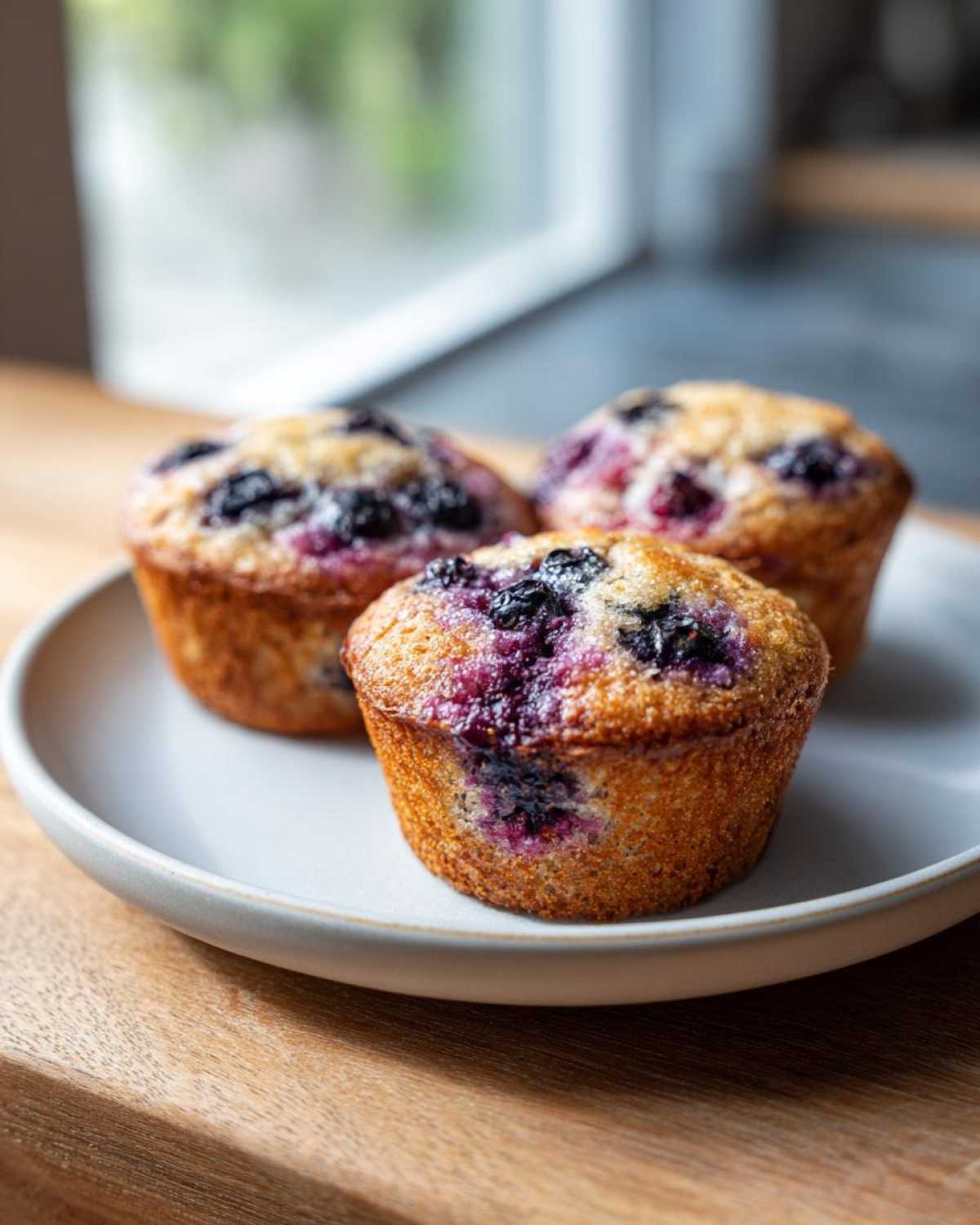 Three freshly baked blueberry cottage cheese muffins with golden tops sitting on a light gray plate.