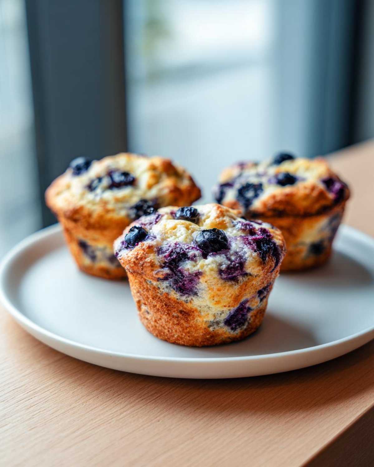 Three golden-brown blueberry cottage cheese muffins, studded with dark blueberries, resting on a light gray plate.