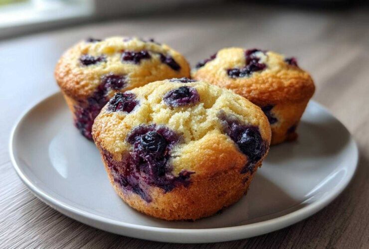 Three golden-brown blueberry cottage cheese muffins with visible blueberries, resting on a light gray plate.