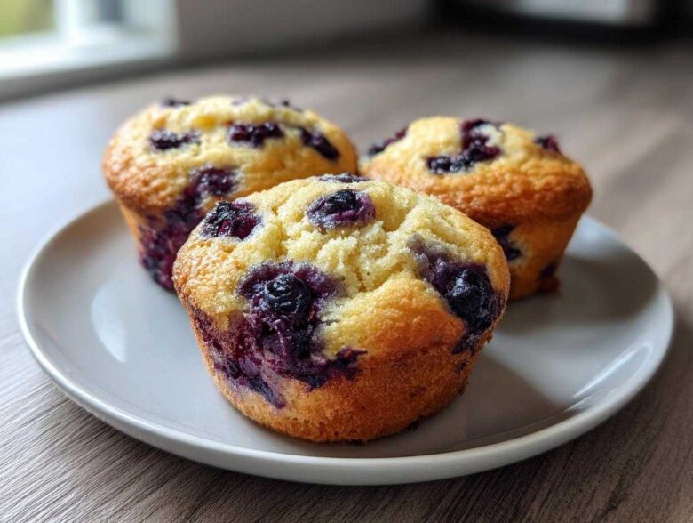 Three golden-brown blueberry cottage cheese muffins with visible blueberries, resting on a light gray plate.