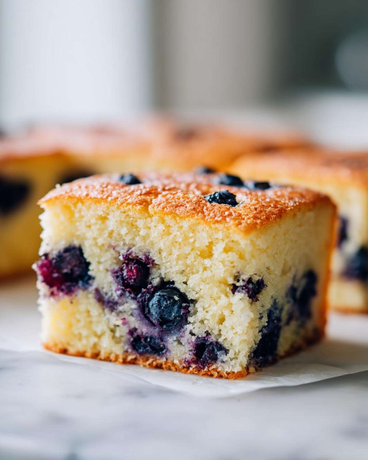Close-up of a square slice of fluffy blueberry sheet pan pancakes with a golden top.