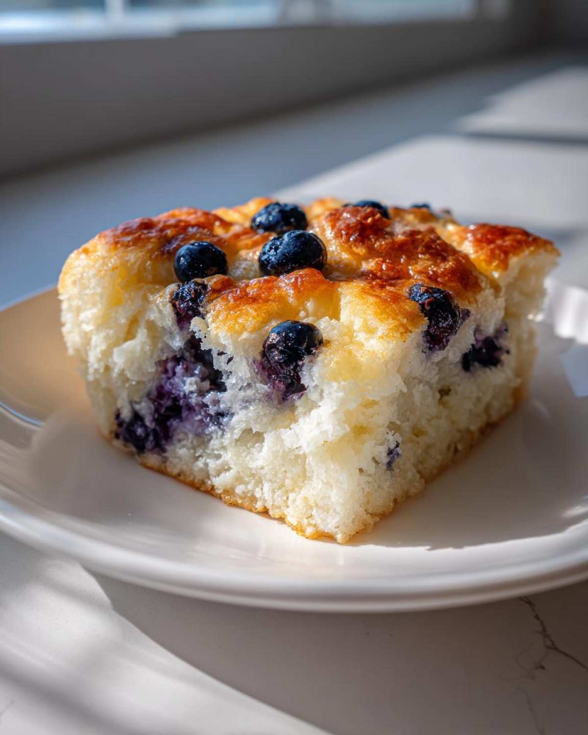 A square slice of fluffy blueberry sheet pan pancakes with a golden top, served on a white plate.