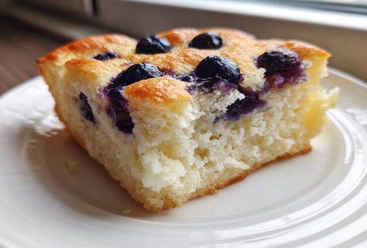 Close-up of a fluffy, golden slice of blueberry sheet pan pancakes served on a white plate.