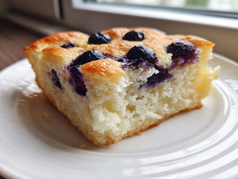 Close-up of a fluffy, golden slice of blueberry sheet pan pancakes served on a white plate.