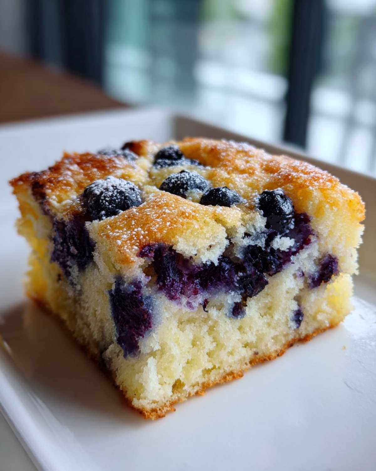 Close-up of a square piece of fluffy sheet pan pancakes loaded with blueberries and dusted with powdered sugar.